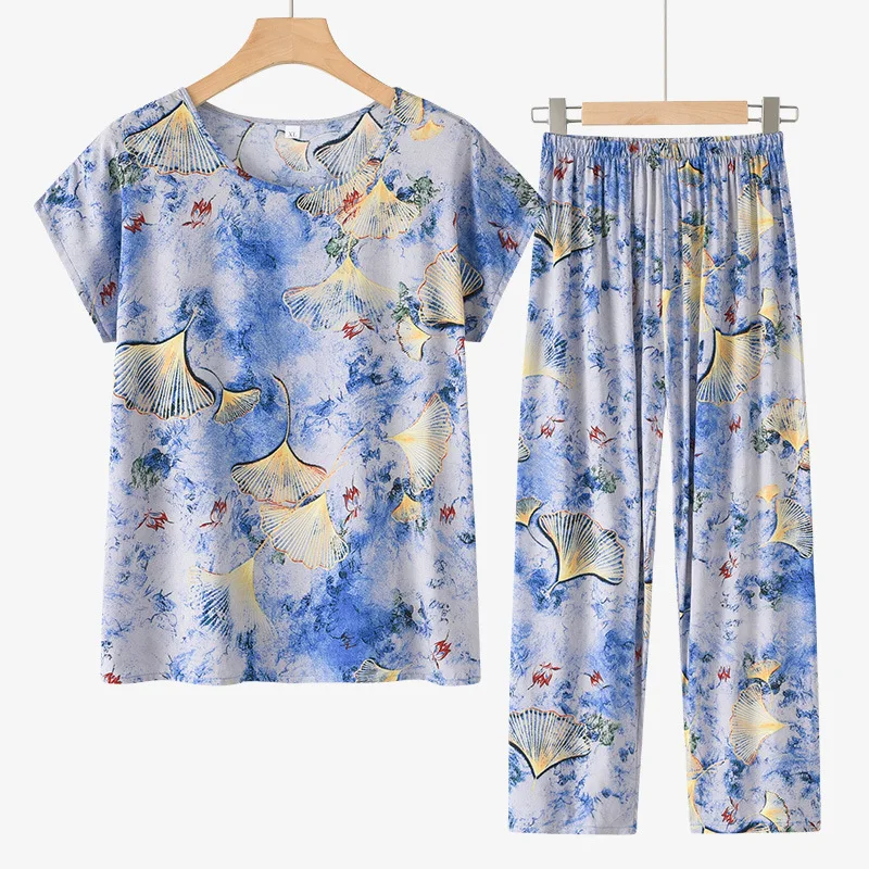 Pijama de verano para madre de mediana edad, ropa de dormir femenina, traje estampado, fino, fresco, para el hogar, para abuela, 4XL