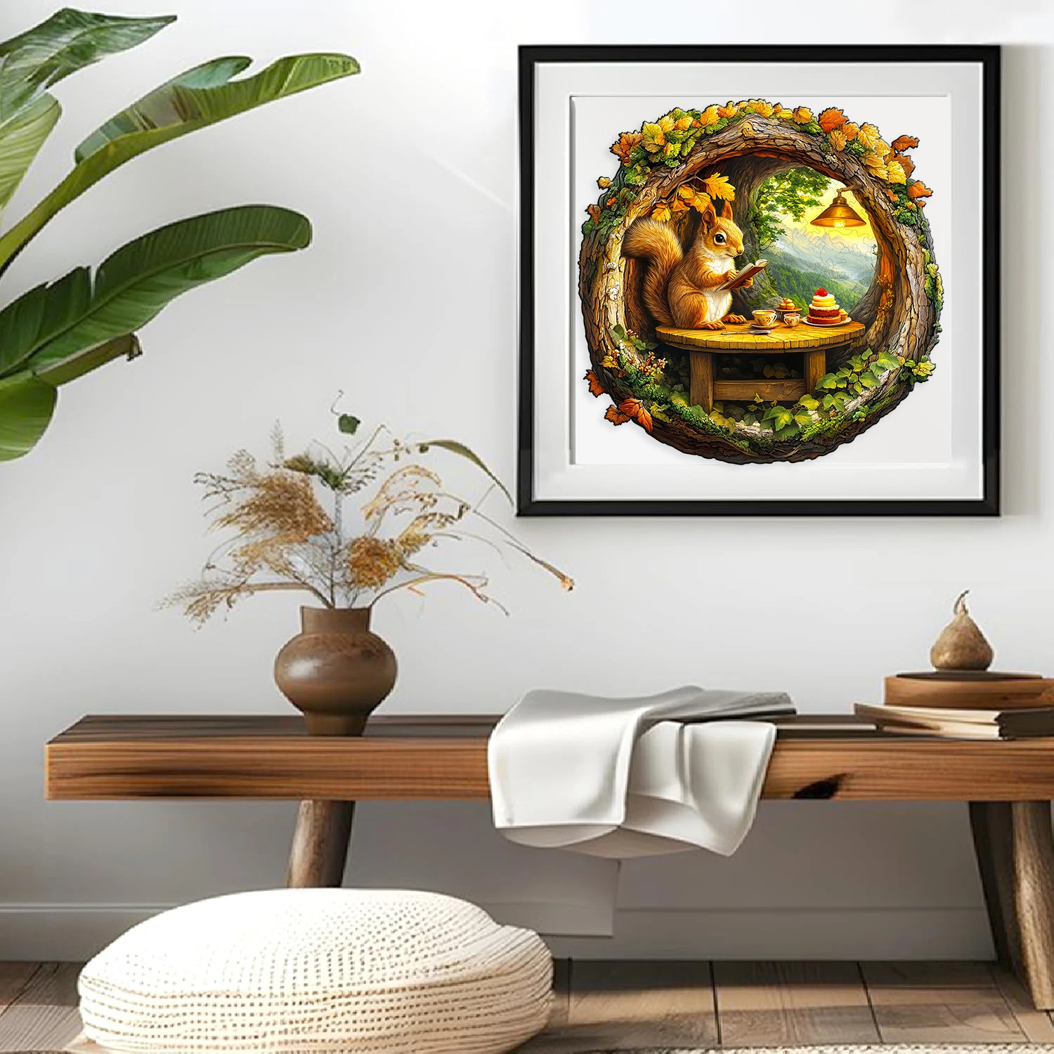 Rompecabezas de madera - Esquilo sentado en una cueva Lectura - Regalo de arte de desafío de madera colorido para todas las edades - Diseño global hecho a mano Ma