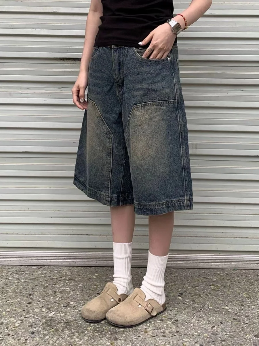 

Retro American Washed Denim Shorts Unisex Summer High Street Loose Wide Leg Casual Versatile Seven-Quarter Length Pants