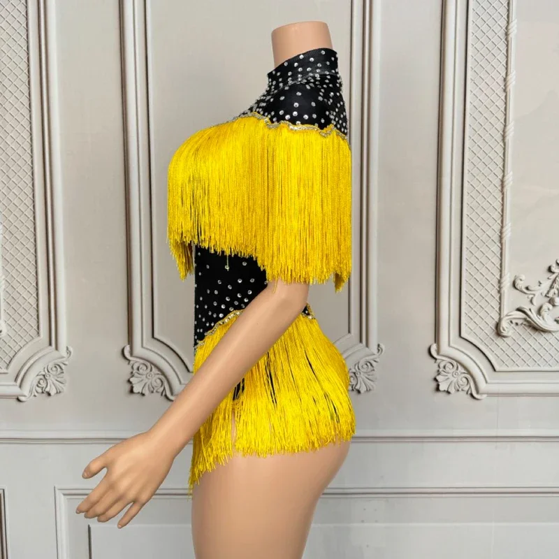 Drag Queen Clothes Sexy Gogo Costume Yellow Fringed Rhinestones Bodysuit Women Nightclub Ds Dj Party Outift Rave Wear