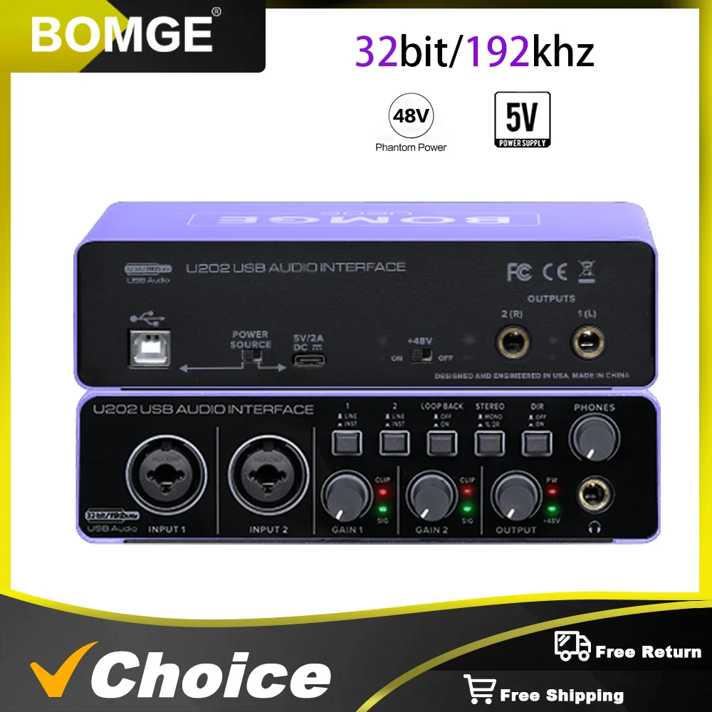 BOMGE U202-P USB Audio Interface 32-Bit/192kHz Resolution with Mic Preamplifier XLR/TSR/TS Ports,48V,for Streaming ,Podcasting