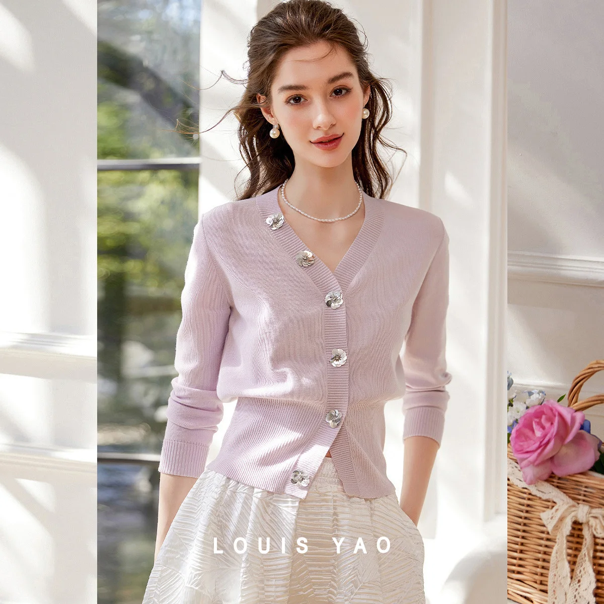 LOUIS YAO New Bead Flower Decorative Cardigan 2025 Spring Gentle and Elegant Temperament V-neck Women's Knitted Sweater Tops