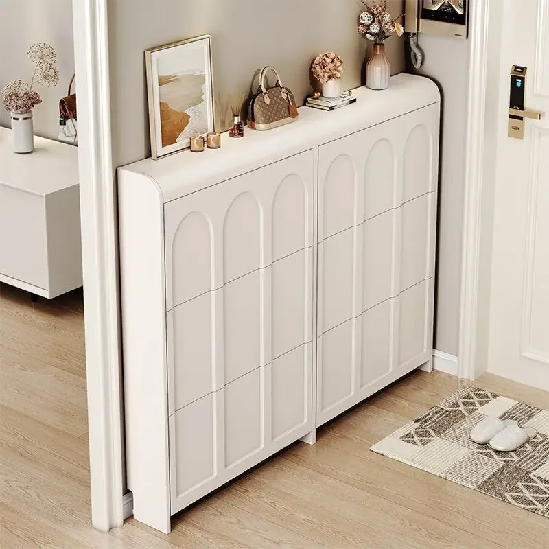 Cream wind ultra-thin flip bucket shoe cabinet, home entrance, wall facing entrance, entrance cabinet, integrated high-capacity