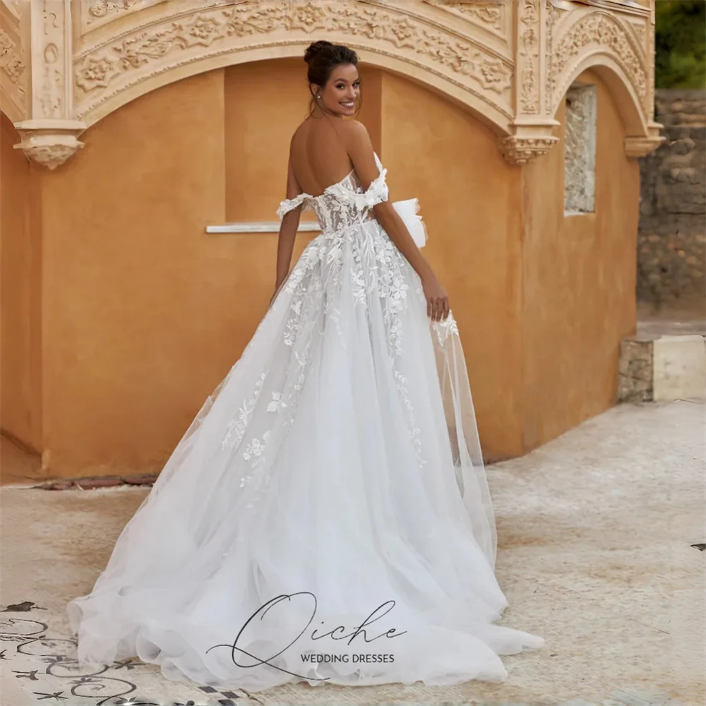 QICHE moderne dentelle appliqué a-ligne robe De mariée chérie haute fente hors De l'épaule plissé Tulle robes De Noiva personnalisé