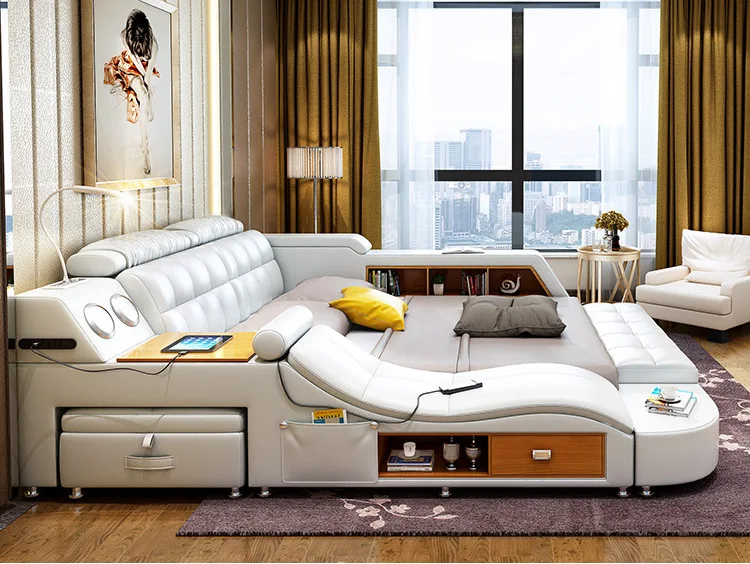 Modern Luxury Multifunctional Smart Bed | Tech Smart Ultimate Bed | All In One Bed, Genuine Leather Lits with Storage Drawers