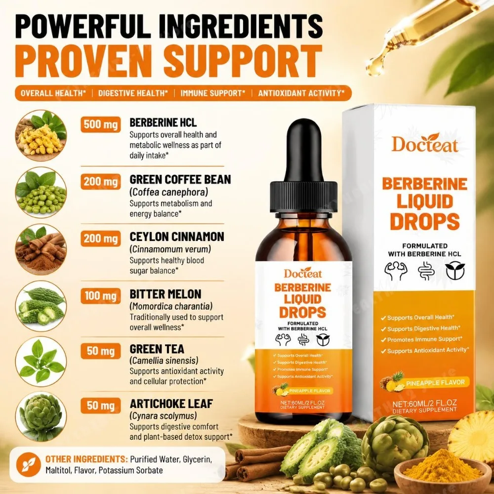 Docteat Berberine HCl Liquid Drops 500mg, Green Coffee Bean, Ceylon Cinnamon & Bitter Melon, Digestive & Metabolic Support, 60mL