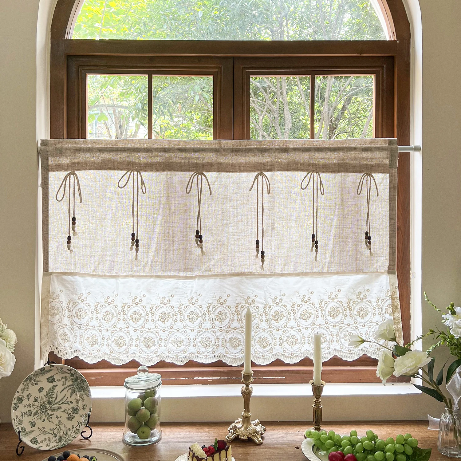 ريفي تقليد الكتان عادي الستار مع الخشب حبة الربط التطريز الدانتيل ستارة قصيرة لنافذة المطبخ ، مقهى نصف الستار