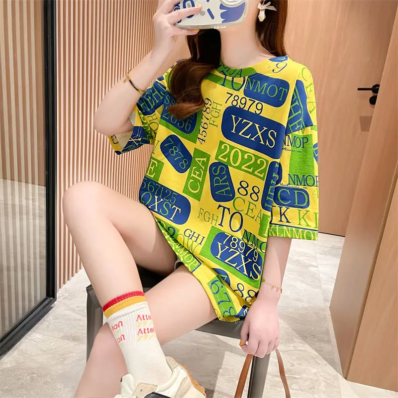 

Fashion O-Neck Loose Printed Letter Casual T-Shirts Female Clothing 2025 Summer New Oversized Korean Tops Young Style Tee Shirt