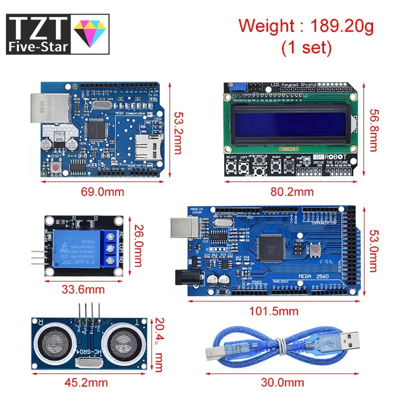 Mega 2560 r3 for arduino kit + HC-SR04 +breadboard cable + relay module+ W5100 UNO shield + LCD 1602 Keypad shield