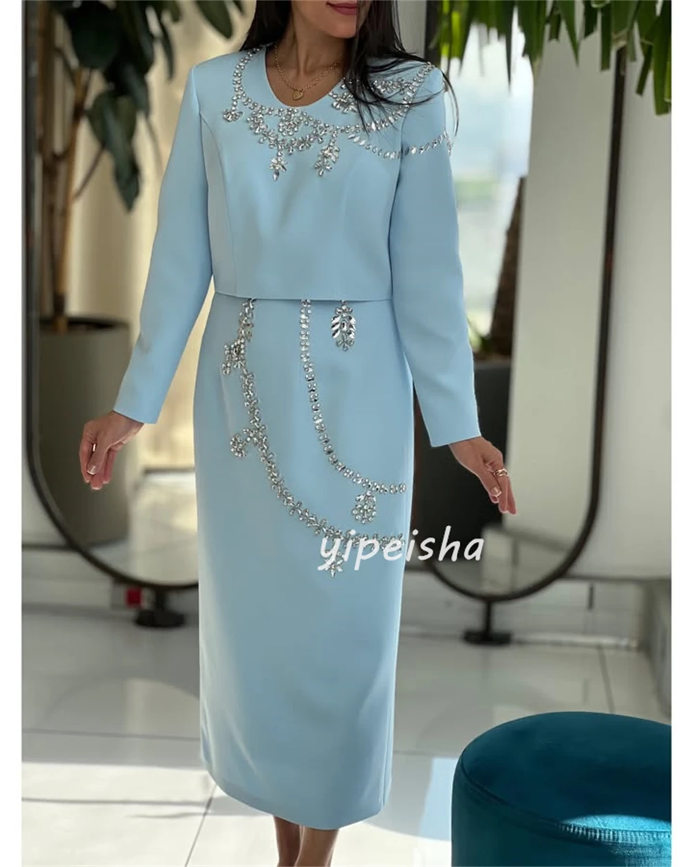 Maßgeschneiderte, moderne, formelle Jersey-Kleider mit Strassfalten und geradem Ballkleid, U-Ausschnitt, knöchellange Kleider, Abendkleider – Detail 4