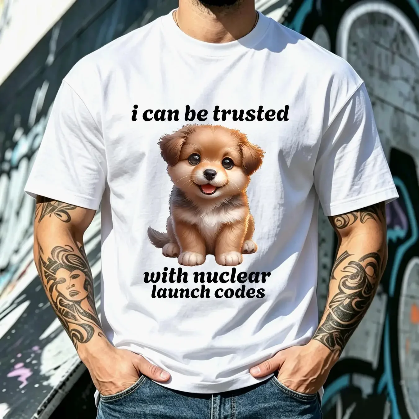 washed T Shirt I Can Be Trusted With Nuclear Launch Codes Funny Dog Meme long or short sleeves vintage Washed Stretched