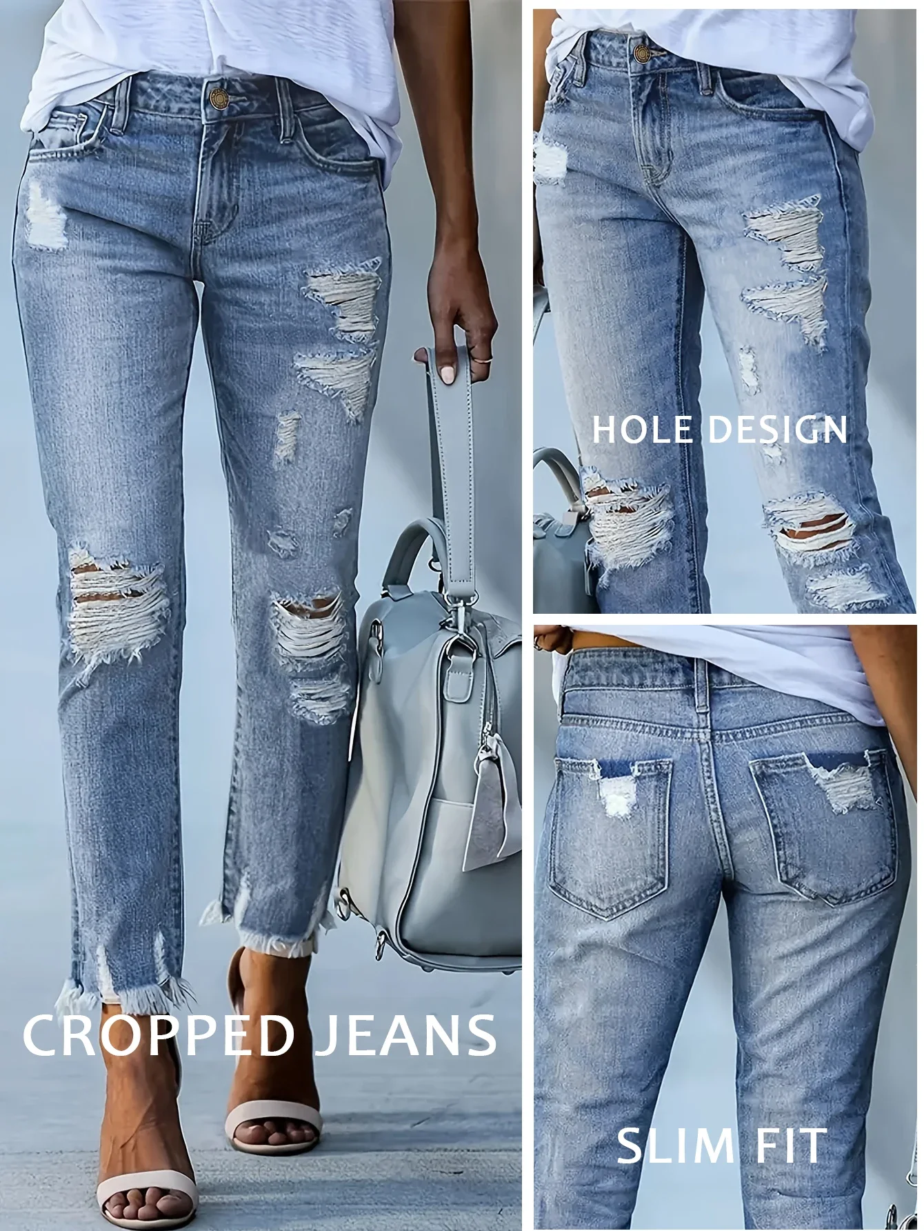 

Women's fashionable slightly elastic skinny ripped jeans slim fit simple personality low waist raw edge design nine-point jeans