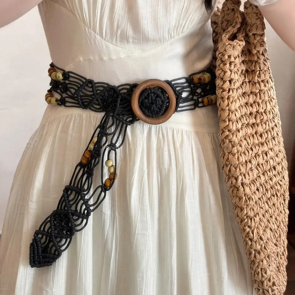 Vintage Woven Weave Belt Wax Rope Hollow Out Ethnic Style Waistband Round Retro Bohemian Style Belt Dress Decoration