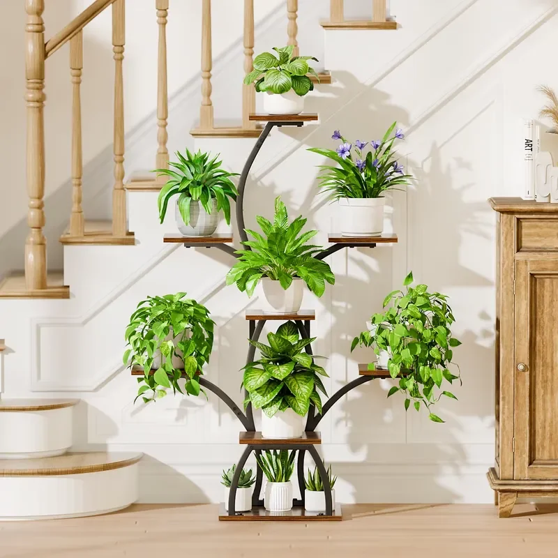 7 Tier Wooden Metal Plant Stand with Grow Light Tree Shape Flower Pot Rack for Indoor Home Garden Decoration Modern Style