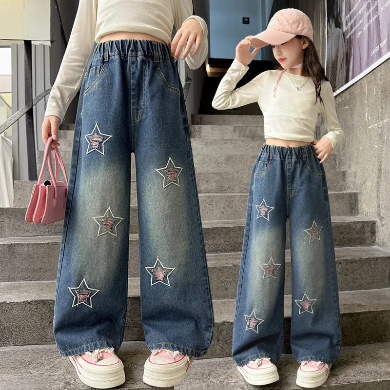 High Street Children Fashion Ripped Jeans With Stars for Teen Girls Loose Straight Blue Denim Pants Kids Stylish Trousers 5-14Y