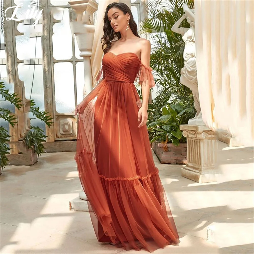 Lily Burnt Orange Sweetheart Long Party Dress Off Shoulder Vintage Night Dresses Net Beach Celebrity Dresses vestidos de fiesta