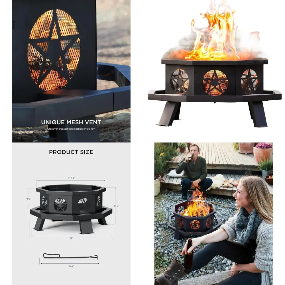 

26-дюймовое восьмиугольное уличное костровое место для костра с жалюзи, из высокопрочной стали, для сжигания дров, для заднего двора, патио, кемпинга, пикника
