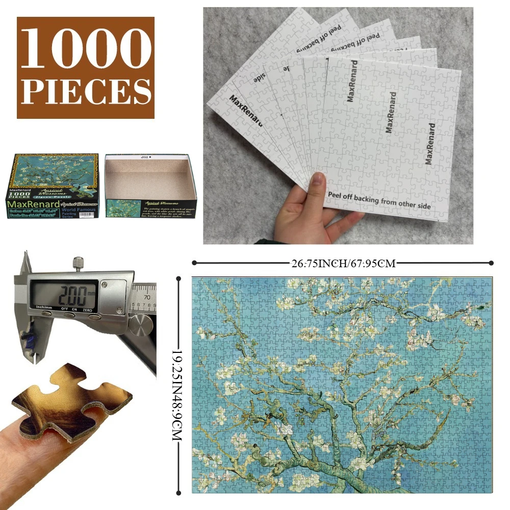 1000PCS Apricot Blossom Cardboard Jigsaw Puzzle with 6 Self-Adhesive Stickers And 2 PET Hooks - Ideal Christmas Holiday Gift