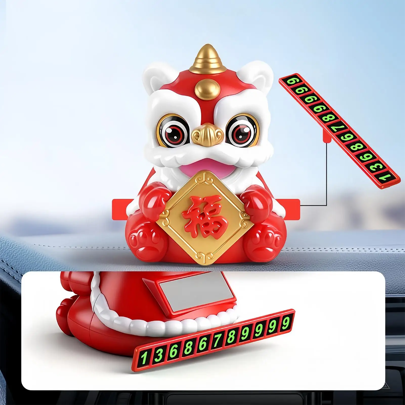 Creative Car Solar-powered Car Decoration, Home Desktop Decoration, Festive Gift, Lion Dance Ornament, Chinese Style Car Decor
