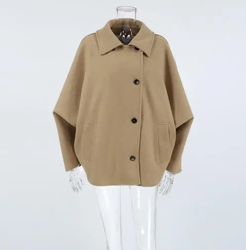 Women's Clothing Autumn Fashion High-End Feel, Brown Woolen Collar Bat Sleeves Cardigan Jacket Simple Commuting Jacket