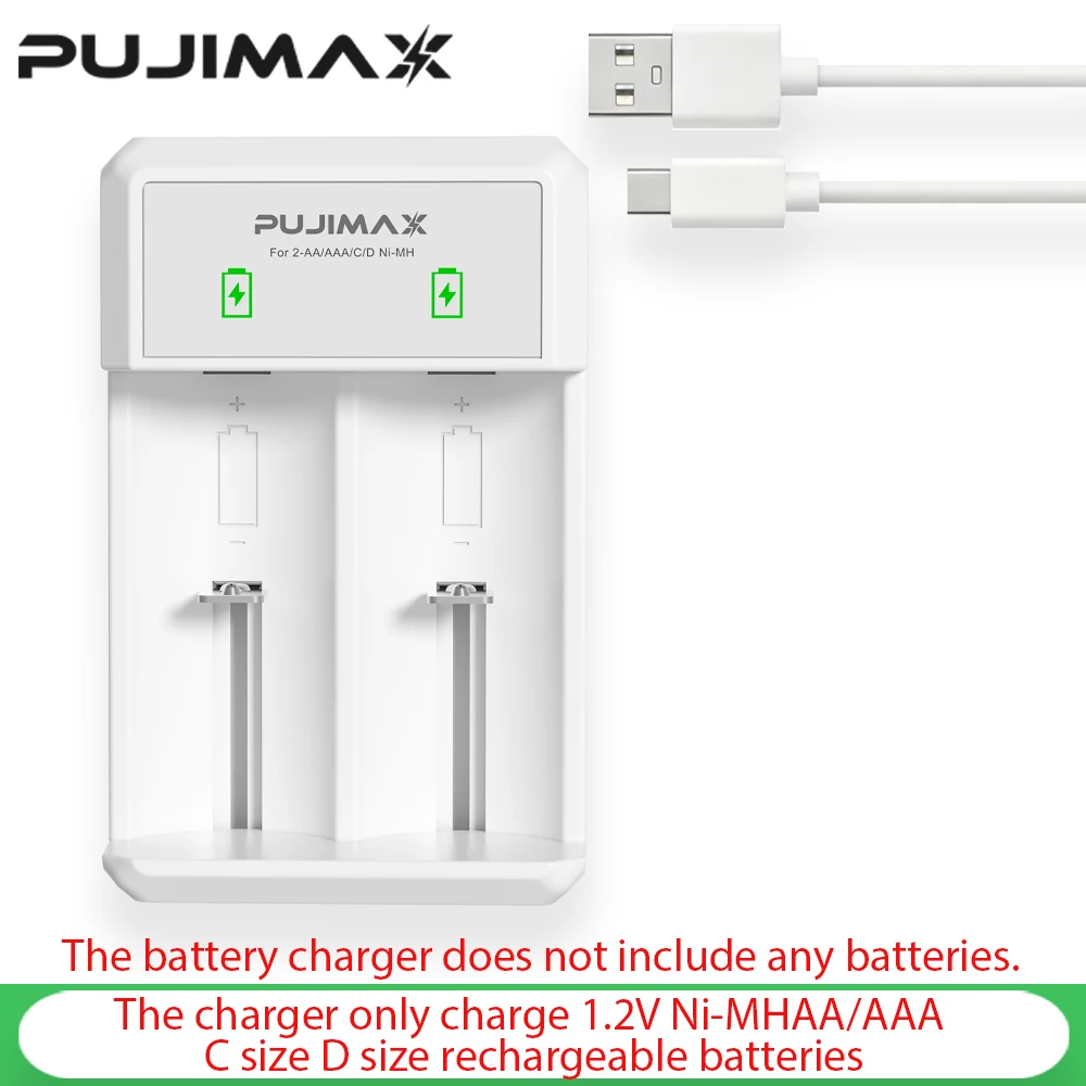 PUJIAMX AA/AAA/C/D Battery Charger for 1.2V NI-MH Rechargeable Batteries LCD Display Fast Charging Tool with USB Type C Cable