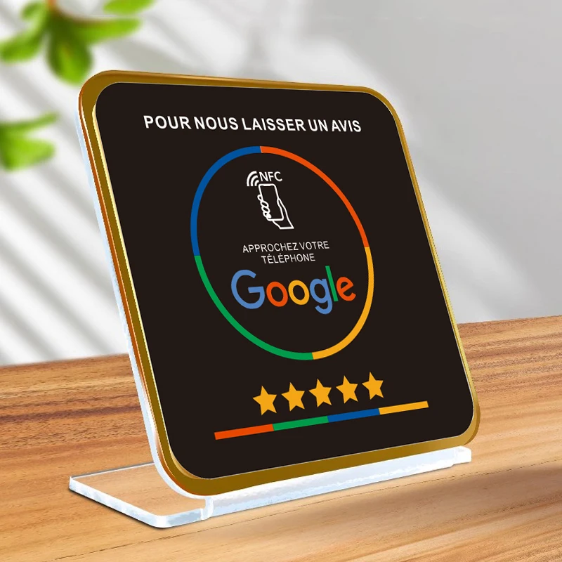 Black German French Dutch Arabic Spanish Polish NFC Acrylic Restaurant Table Display Stand for Google Reviews Social Media