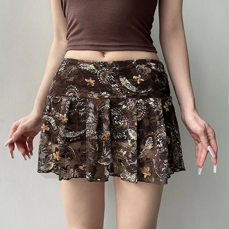 Short Skirt Mesh Print Brown Lace Y2K Vintage Aesthetic Cashew Women Chic Low Waist Skirts Slim Was Thin Mini Skirt