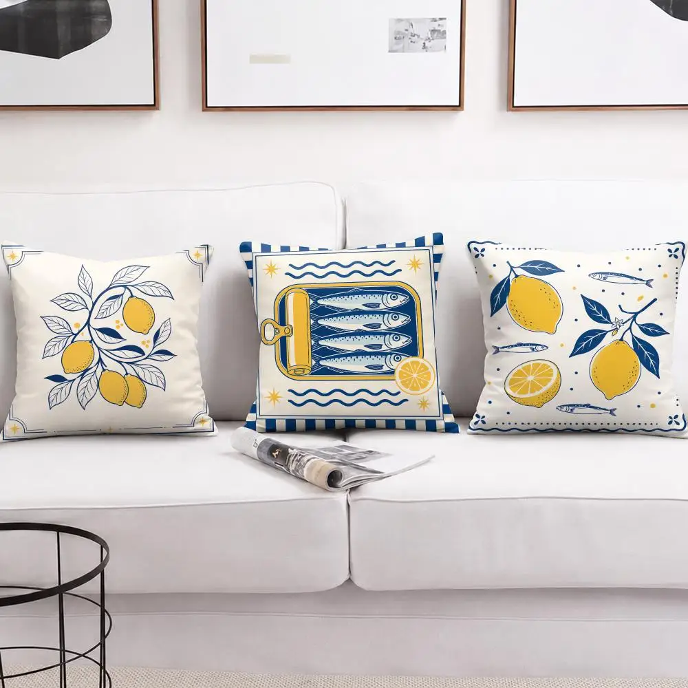 Sardine Lemon Tinned Seafood Cushion Cover Soft Short Plush Pillow Cases Hidden Zipper Cutecore Sofa Bedroom Home Decor Gift