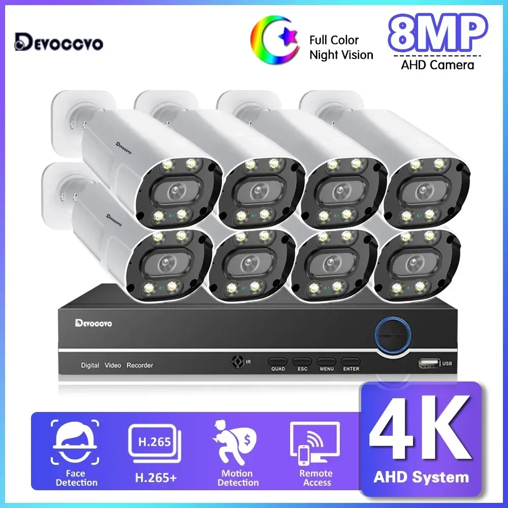 8CH 8MP Full Color Night Vision CCTV AHD Camera Kit 4K Outdoor Waterproof Face Detection Street Security System Set