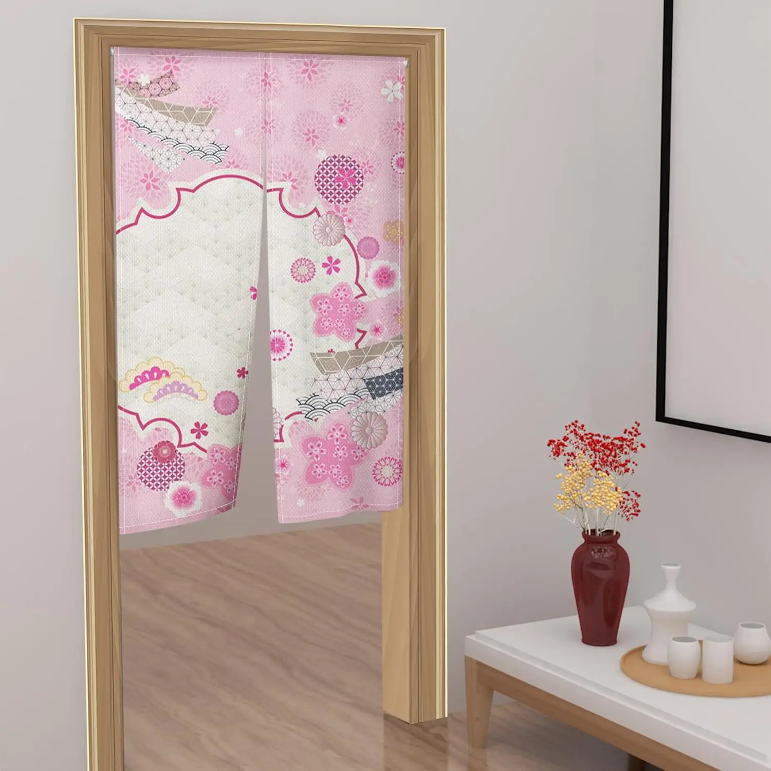 Traditional Japanese Noren Doorway Curtain Noren Japanese Style Pink Flowers Printed Tapestry Window Treatment for Ukiyoe Room