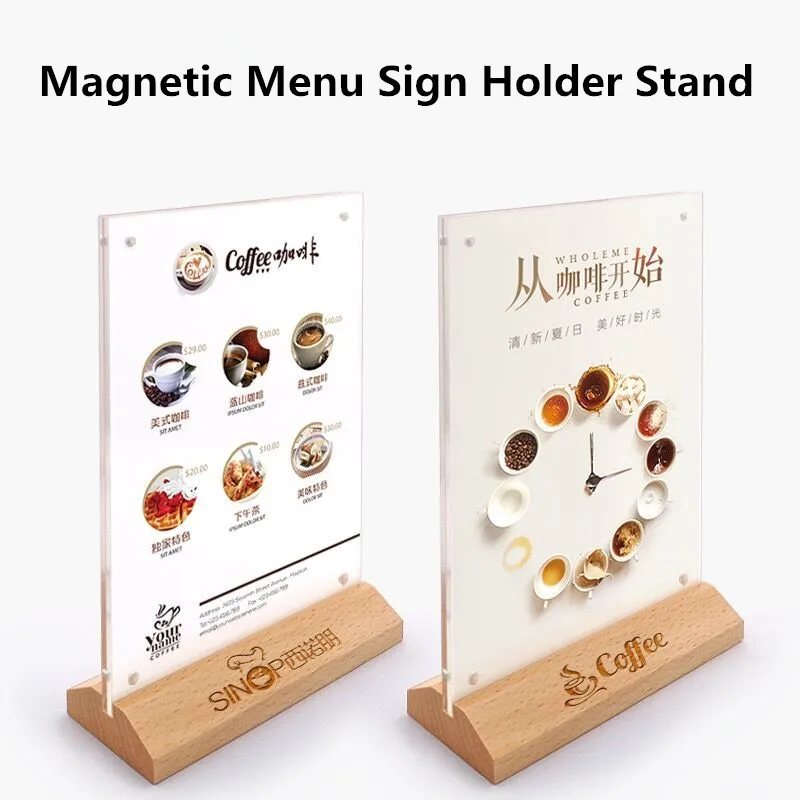 3 PCS A4 210x297mm Magnetic Acrylic Sign Holder Display Stand Wood Photo Picture Poster Frame Restaurant Menu Price Label Holder