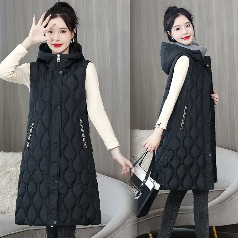 

2024 Autumn Winter New Waistcoat Women's Overcoat Korean Loose Long Hooded Warm Down Cotton-Padded Jacket Waistcoat Vest Jacket