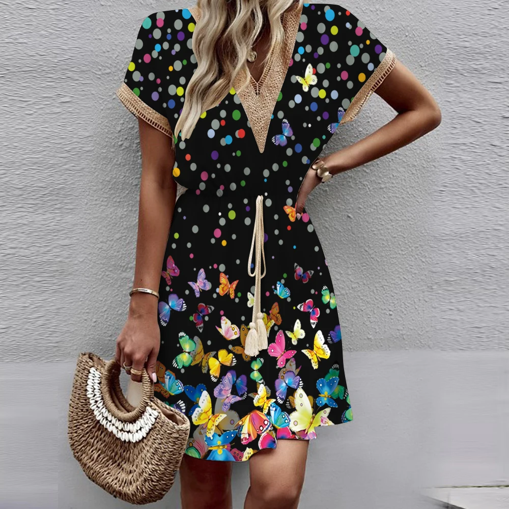 2024 New European and American Spring/Summer Printed Bat Sleeves Lace V-Neck Waist Wrap Short Sleeve Medium Length Dress