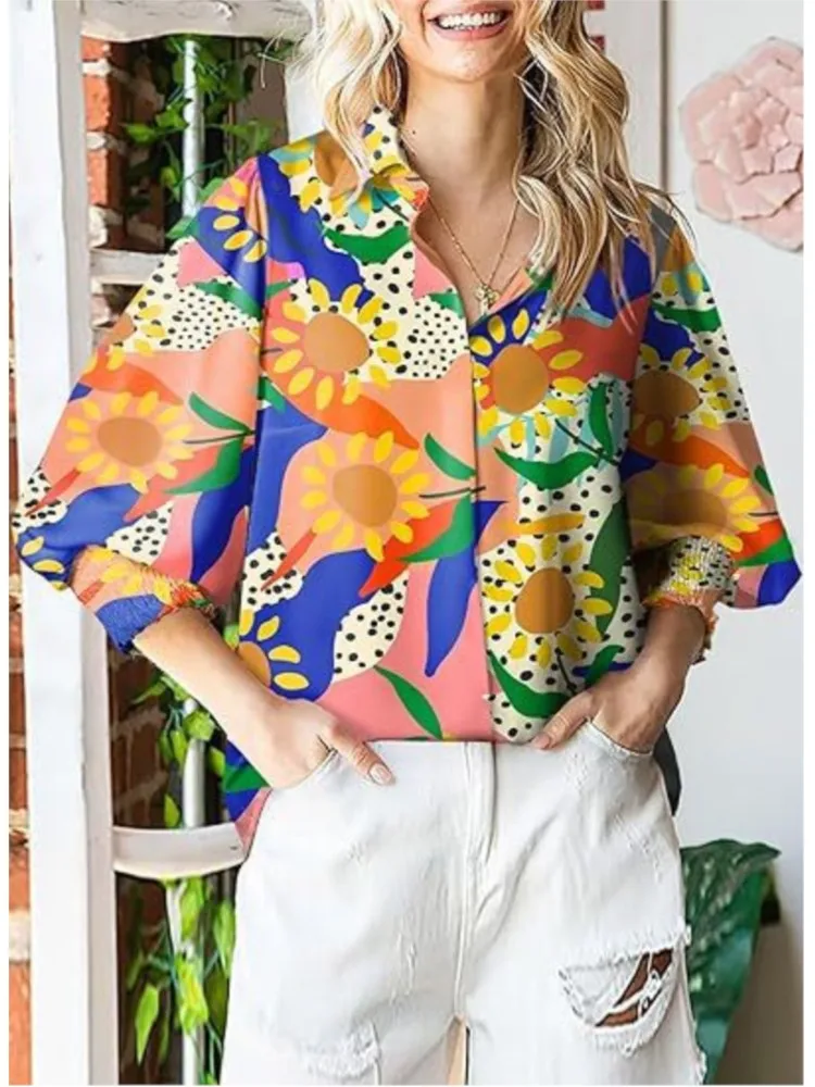 Blusa holgada informal de manga larga con solapa para mujer, camisa elegante con estampado de linterna para oficina, primavera y otoño, 2024