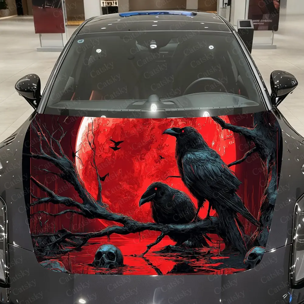 

Blood Moon Withered Raven Car Vinyl Wrap, PVC Waterproof Car Hood Sticker, Self-Adhesive Scratch-Resistant Stickers