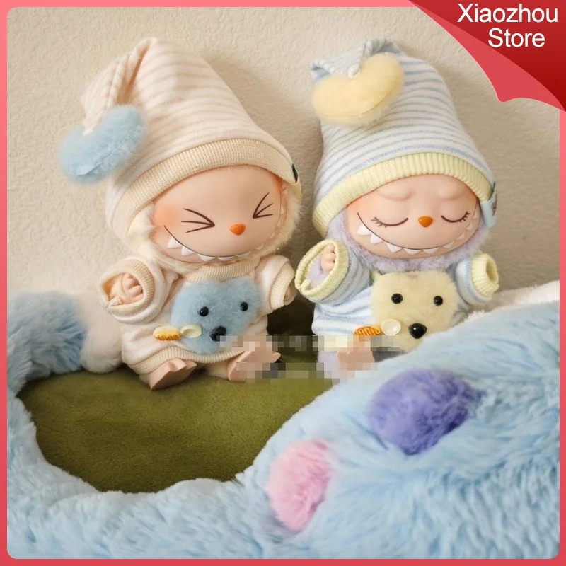 17cm Labubu V1 V2 Sitting Party Waistcoat Pajamas Elf Hat Goodnight Macaron Hat Vinyl Unique Design Cute Doll Costume Gifts