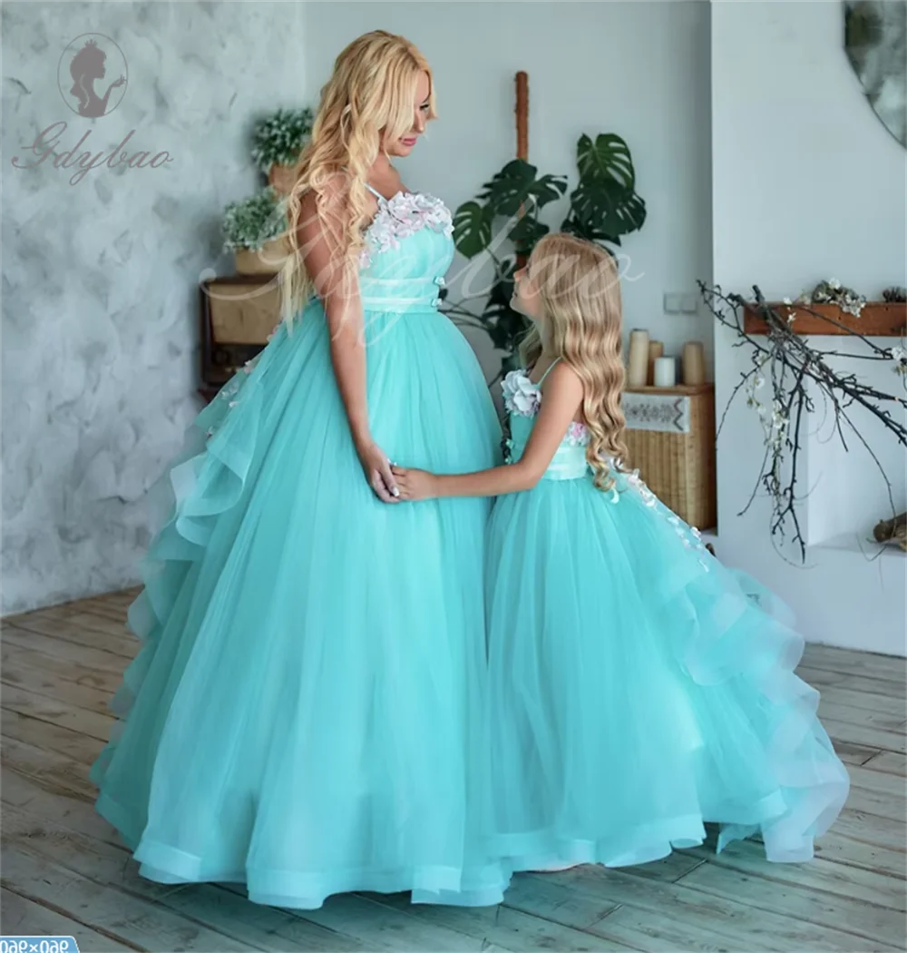 Tulle Puffy Spaghetti Straps Flower Girl dresses Appliques Daughter Matching Dress 2025 First Birthday Party Photography Prom Go