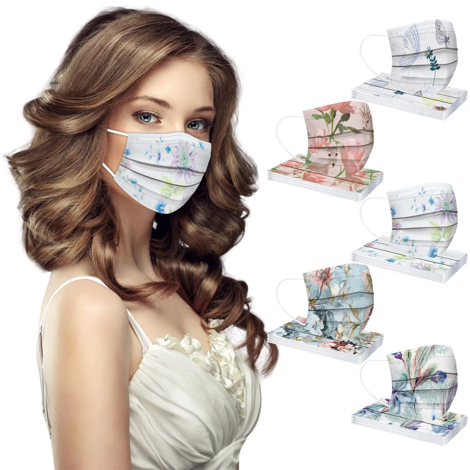 Adult Disposable Fashion Flower Floral Print Mask 50/100pcs Summer Three-layer Dustproof Hanging Ear Non-woven Mask