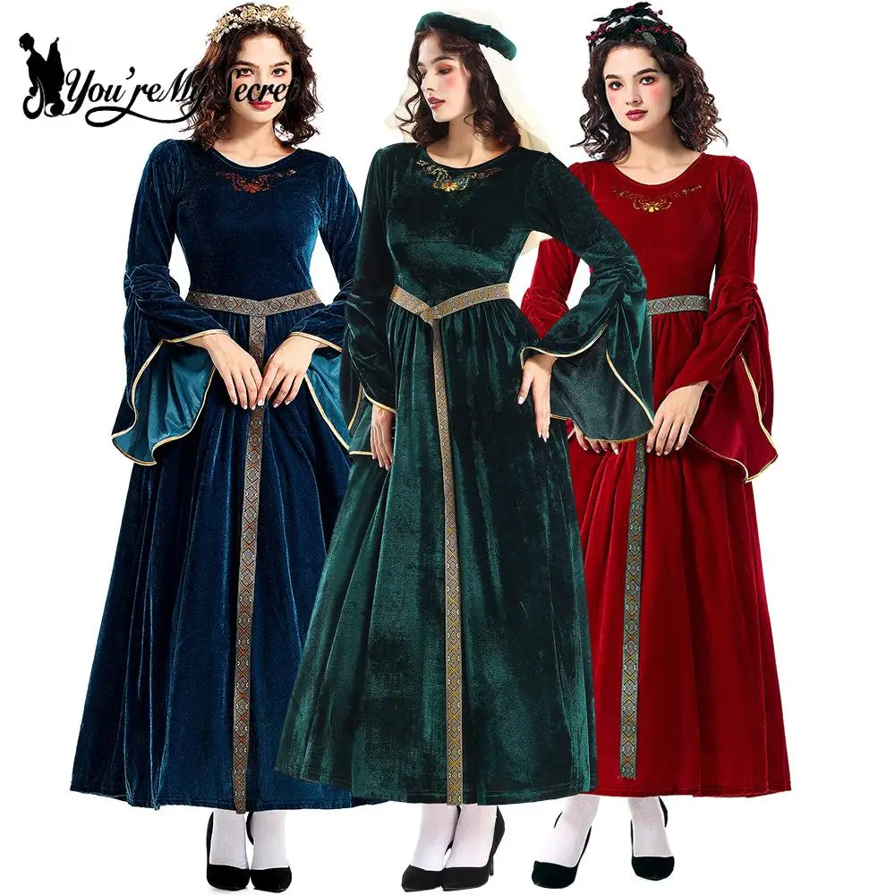 [You're My Secret] Women Medieval Costume Halloween Court Ball Flared Sleeve Princess Dress Cosplay Stage Performance Costume