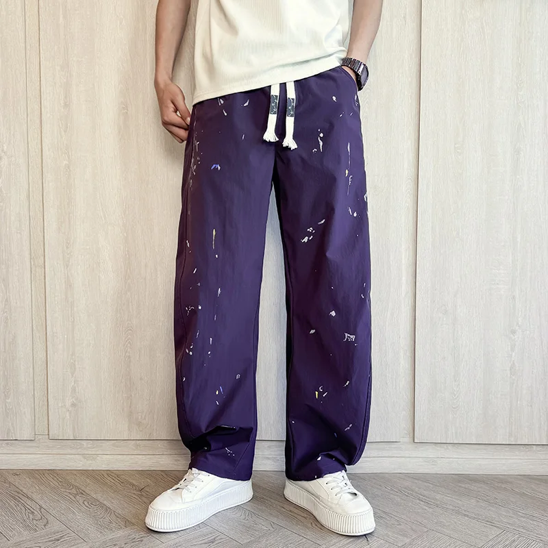 

Fashion Men's Wide Leg Pants Splash-ink Drawstring Long Trousers Colors Graffiti Oversize Clothes Man