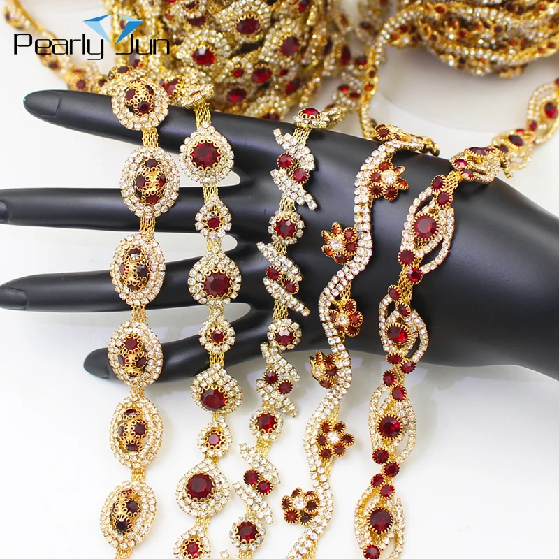 1 Yard Gold Siam Red Crystal Metal Chain Decoration Accessories DIY Sewing on Wedding Dress Bag Clothing Rhinestone Trim ML186