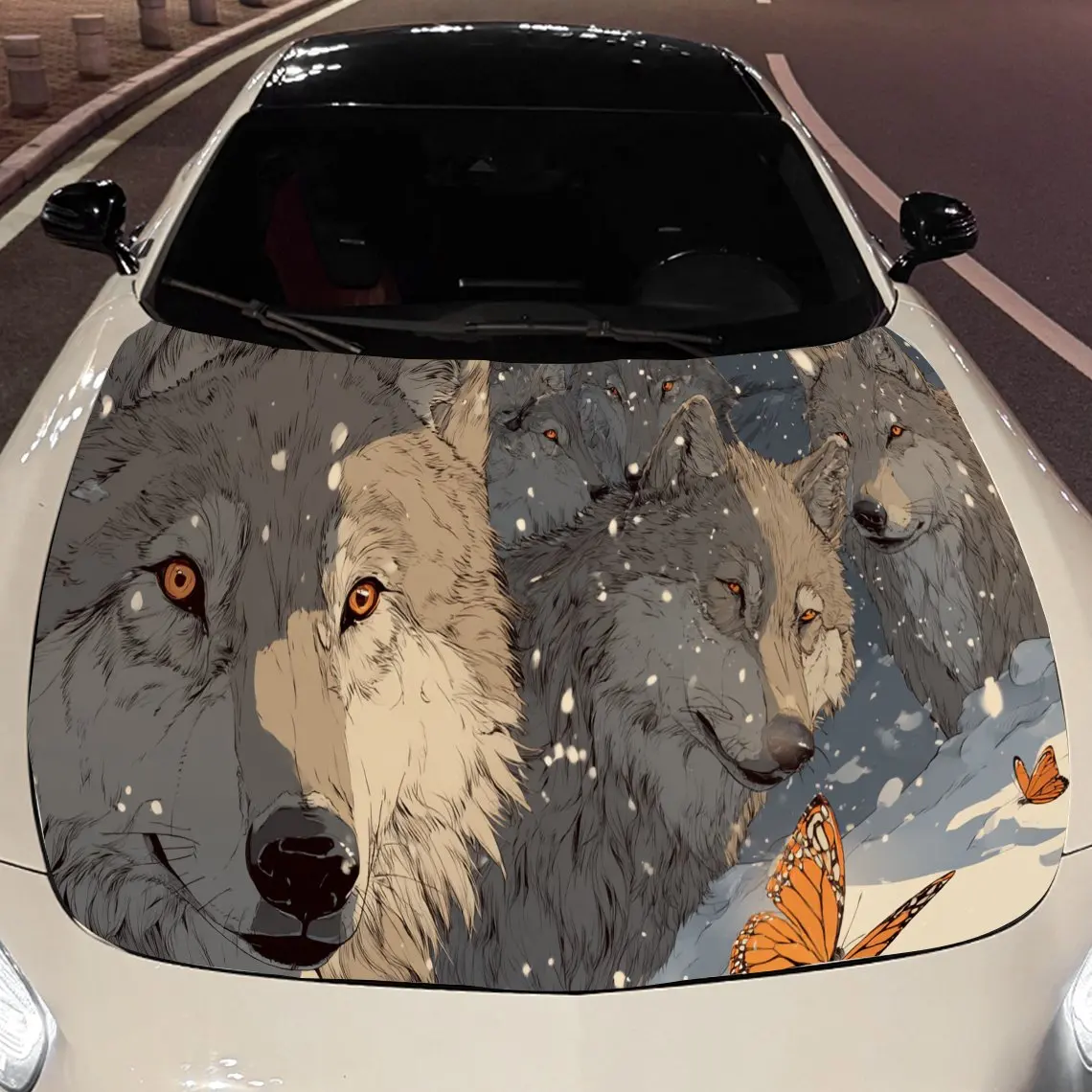 Wolves with Orange Butterflies Car Engine Hood Sticker, Auto Vinyl Wraps, Waterproof Self-adhesive Vehicle Decal, Durable & Anti