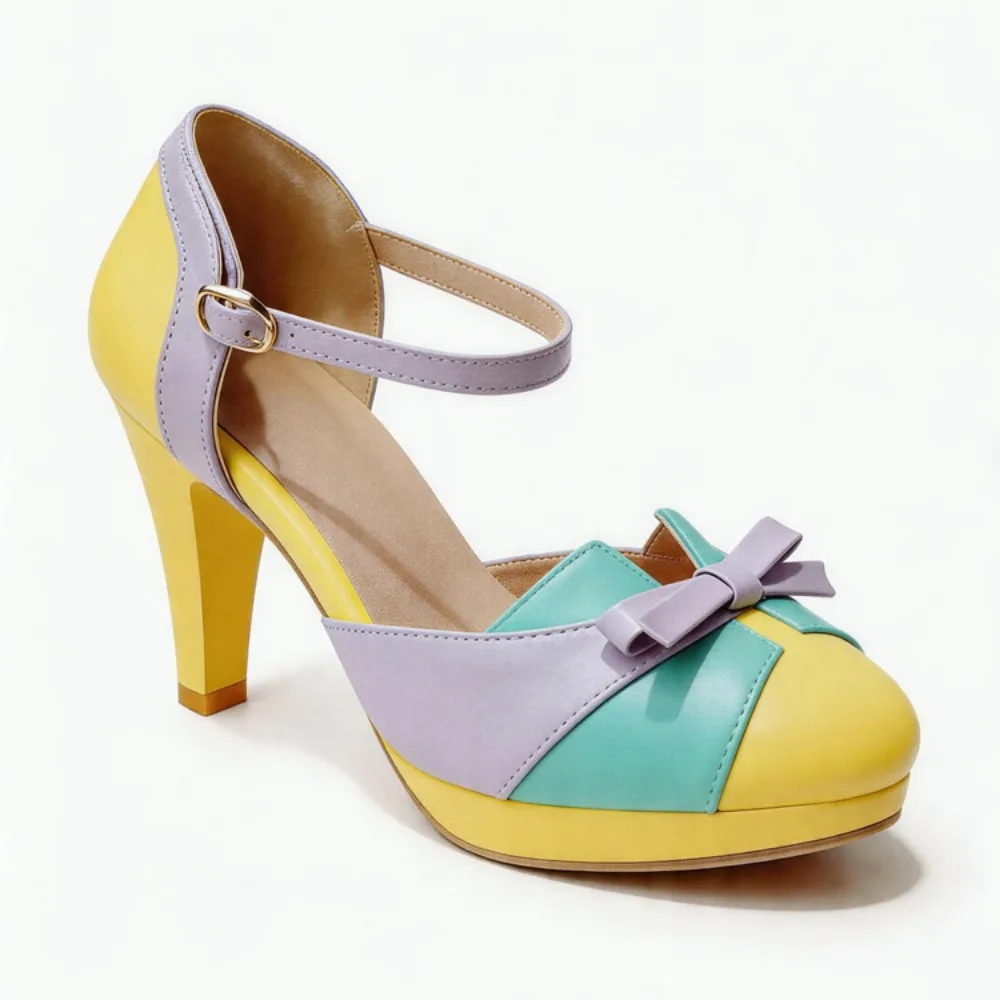 Women Patch Color Block Mary Jane Pumps Round Closed Toe Sandals Platform High Heels Bow Knot Ankle Strap Dress Shoes Woman