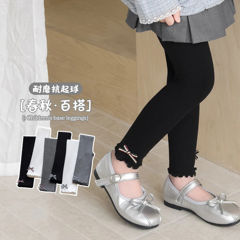 Lovely Girls Spring Autumn Thin Anti‑Pilling Nine-Point Leggings Delicate Bow Decoration Soft Breathable Stretchy Princess Pants