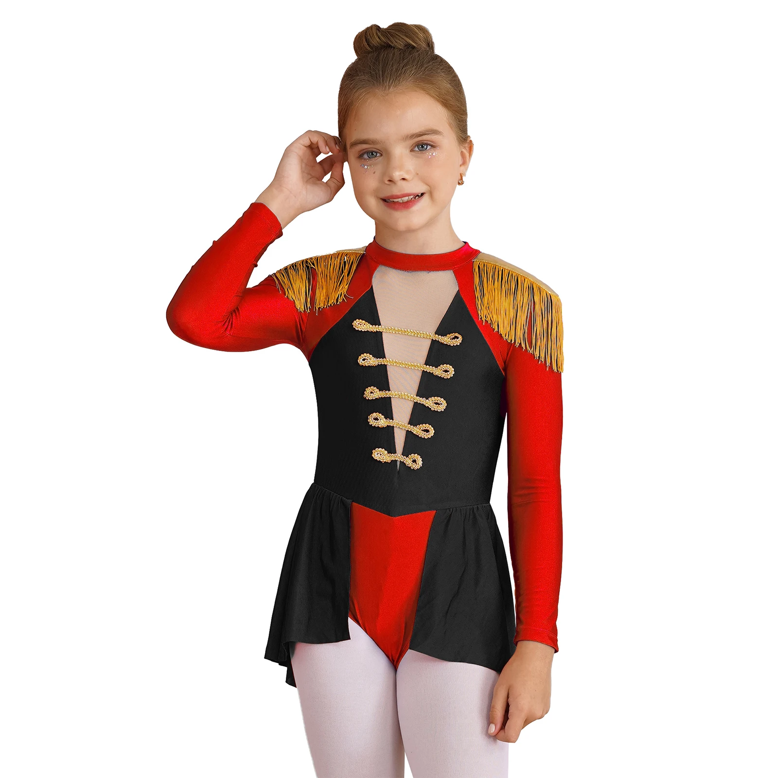 Halloween Circus Cosplay Drum Major Costume Kids Girls Long Sleeve Tassel Epaulet Short Jumpsuit with Skirt Coattails Dancewear