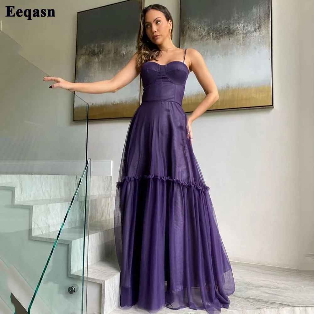 Eeqasn Eenvoudige Tulle Lange Prom Dresses Dark Purple Sweetheart Tiered Spaghetti Formele Vrouwen Bruidsmeisje Jurk Avondjurken