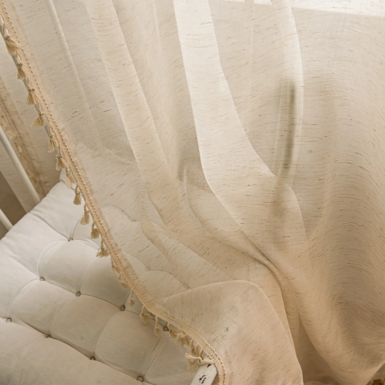 1 Piece, Beige Bohemian Tassel Sheer Curtain, Rod Pocket Installation, Faux Linen Vintage Style Suitable for Living Room, Bedroom, Dining Room,