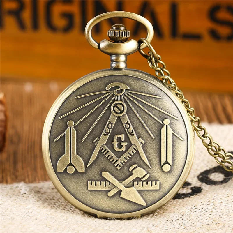 

Retro Masonic Freemason Design Men Women Pocket Watch Quartz Analog Display G Pattern Freemasonry Necklace Chain Clock