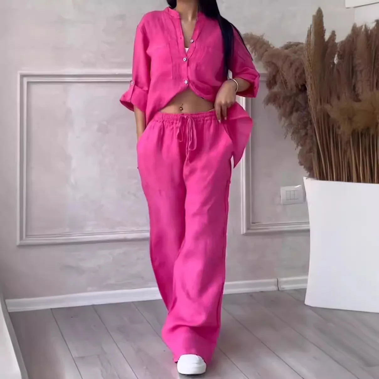 

Women's Color Long Sve Single Button irt Wide Leg Pants Two Piece Set Faionable Summer Outfit V Ne Button up