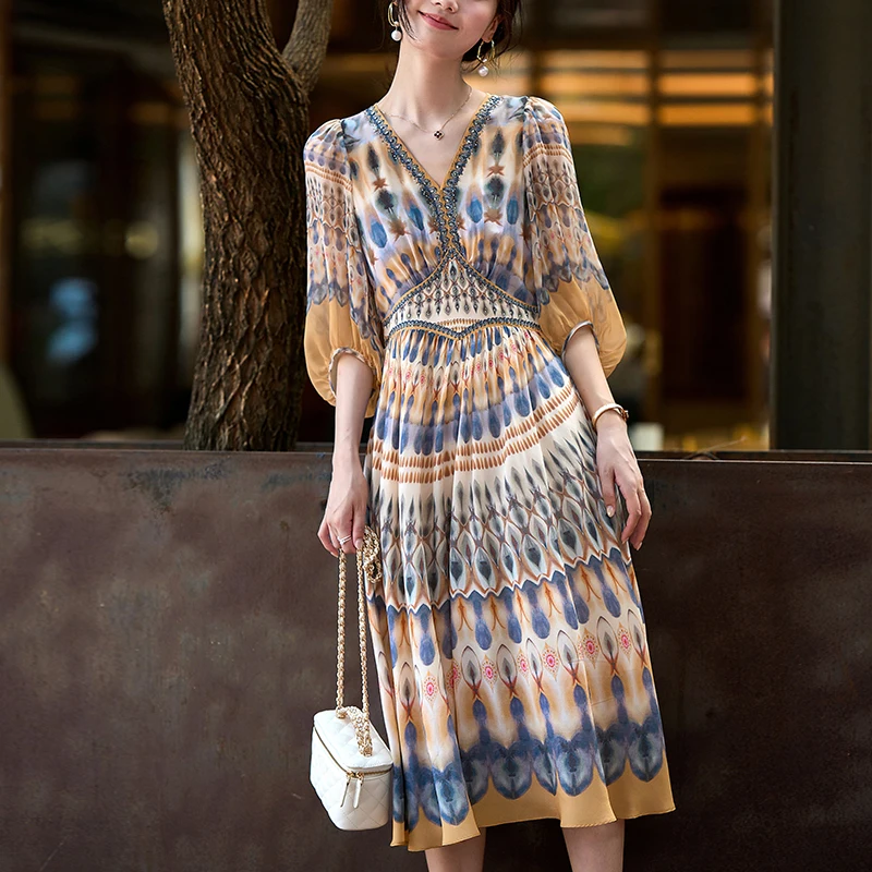 

100% Натуральные Шелковые Летние Платья для Женщин 2026: Элегантное Длинное Платье А-силуэта с V-образным Вырезом, Бриллиантами, Высокой Талией и Винтажным Принтом для Отпуска